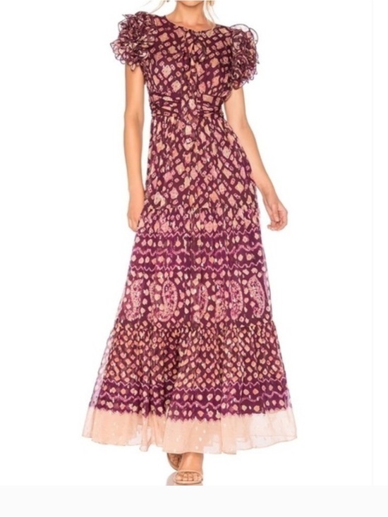 Ulla Johnson Dresses & Skirts - Ulla Johnson Maxi Floral Tiered Ruffle-Sleeve Dress in Plum and Blush